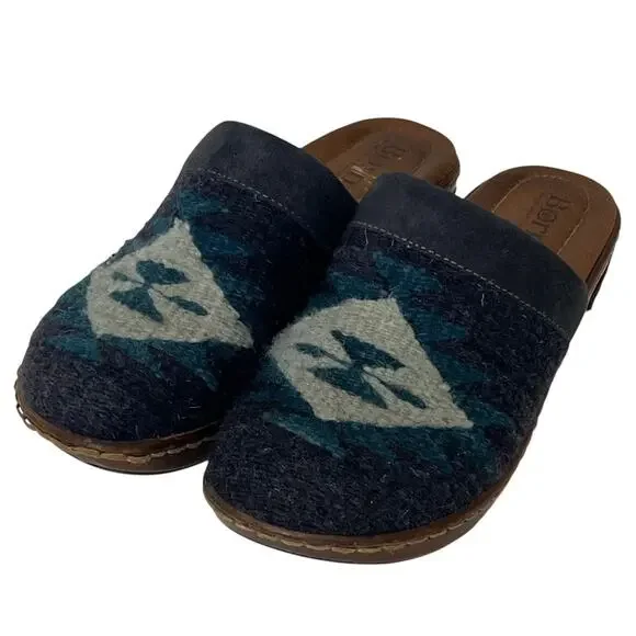 Born Bandy Blanket Aztec Clogs Womens 7 Blue Wool Leather Slip On Comfort - Picture 2 of 12